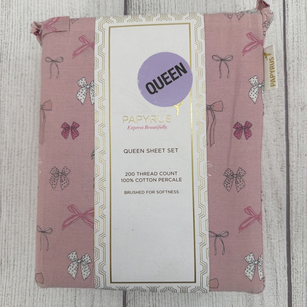 Papyrus Sheet Set QUEEN Pink Gray Bows 100% Cotton Percale Whimsical Feminine
